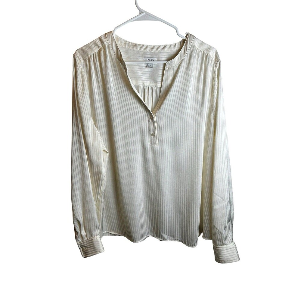 J.Crew Ivory Satin Stripe Split Neck Long Sleeve Blouse Top Shirt Size XXL